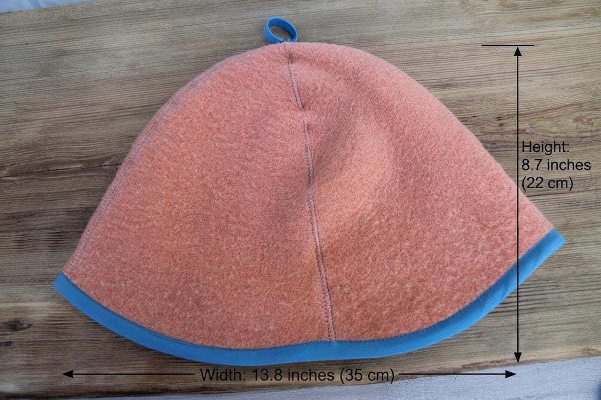 Handmade Wool Sauna Hat, Vintage Blanket Banya Cap, Upcycled Peach Blue Steam Room Hat
