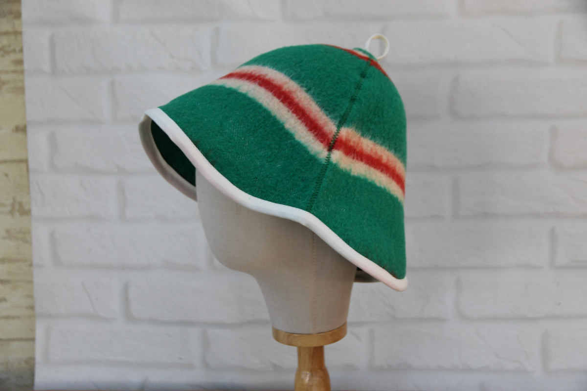 Handmade Wool Sauna Hat, Green Red Striped Banya Cap, Eco-Friendly Spa Accessory