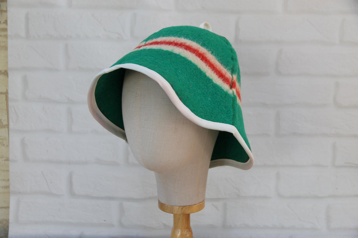 Handmade Wool Sauna Hat, Green Red Striped Banya Cap, Eco-Friendly Spa Accessory