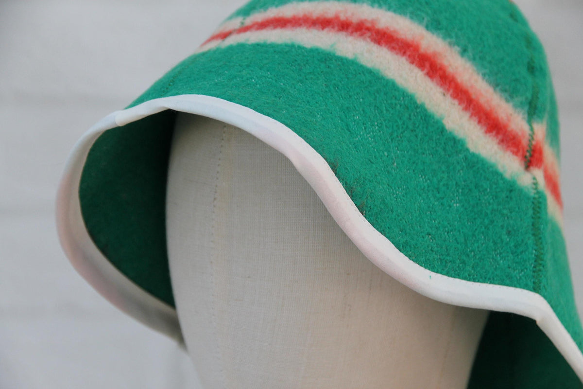 Handmade Wool Sauna Hat, Green Red Striped Banya Cap, Eco-Friendly Spa Accessory