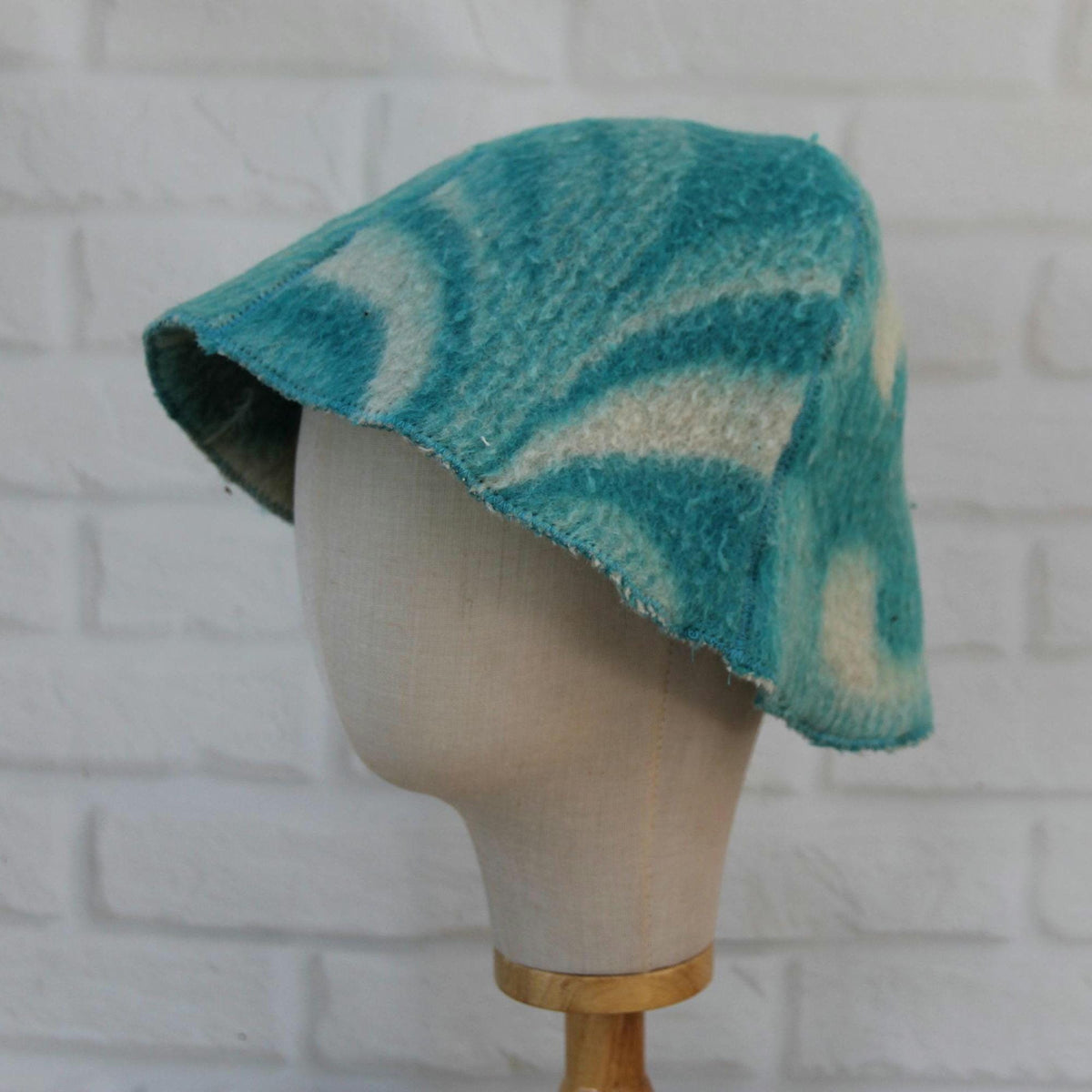 Handmade Wool Sauna Hat, Upcycled Turquoise White Banya Cap, Spa Accessory