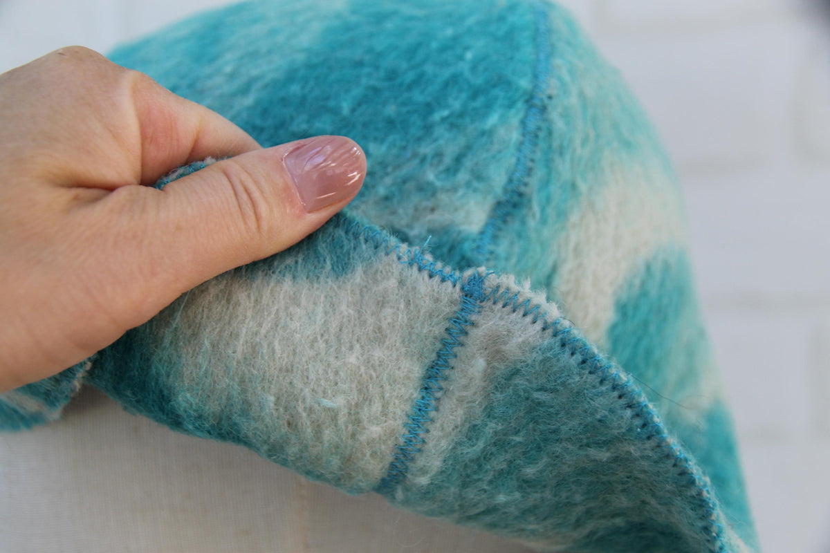 Handmade Wool Sauna Hat, Upcycled Turquoise White Banya Cap, Spa Accessory