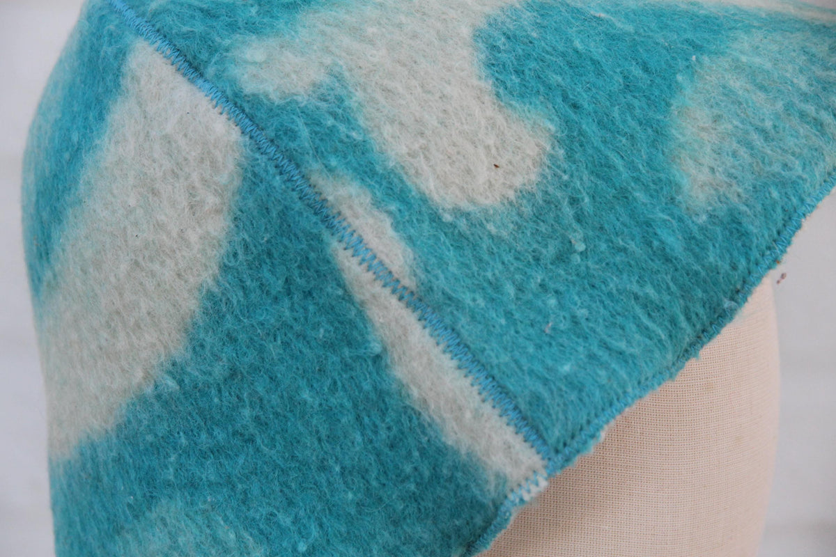 Handmade Wool Sauna Hat, Upcycled Turquoise White Banya Cap, Spa Accessory