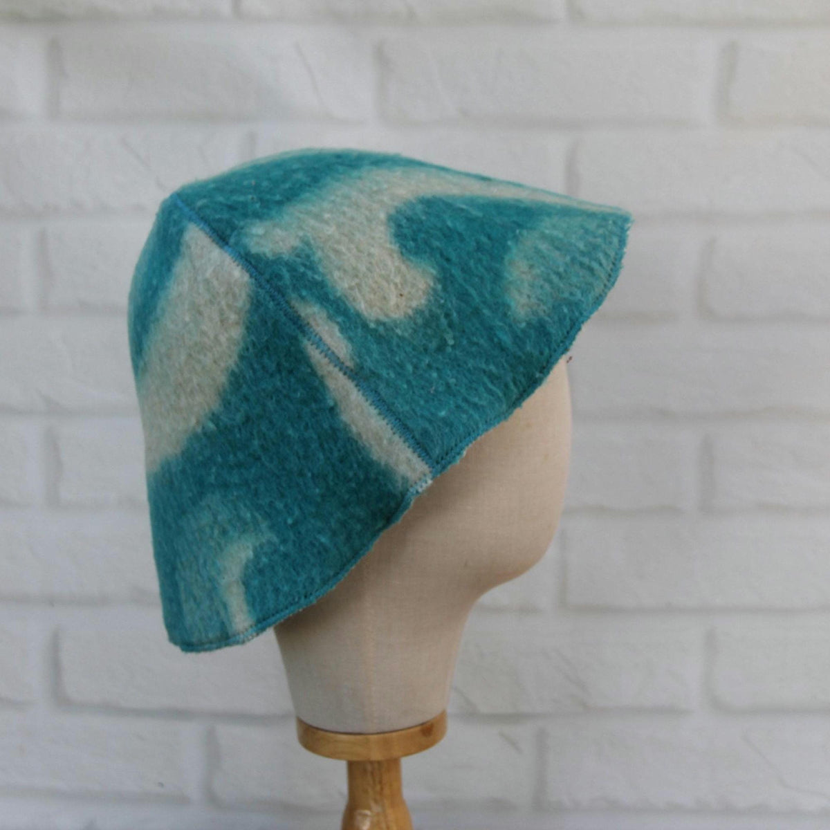 Handmade Wool Sauna Hat, Upcycled Turquoise White Banya Cap, Spa Accessory