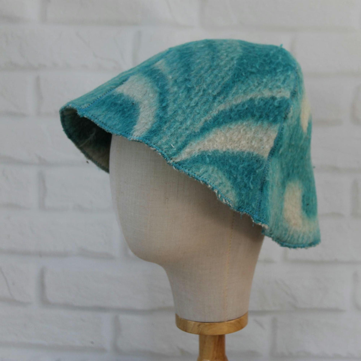 Handmade Wool Sauna Hat, Upcycled Turquoise White Banya Cap, Spa Accessory