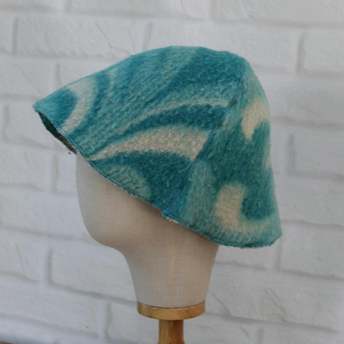 Handmade Wool Sauna Hat, Upcycled Turquoise White Banya Cap, Spa Accessory
