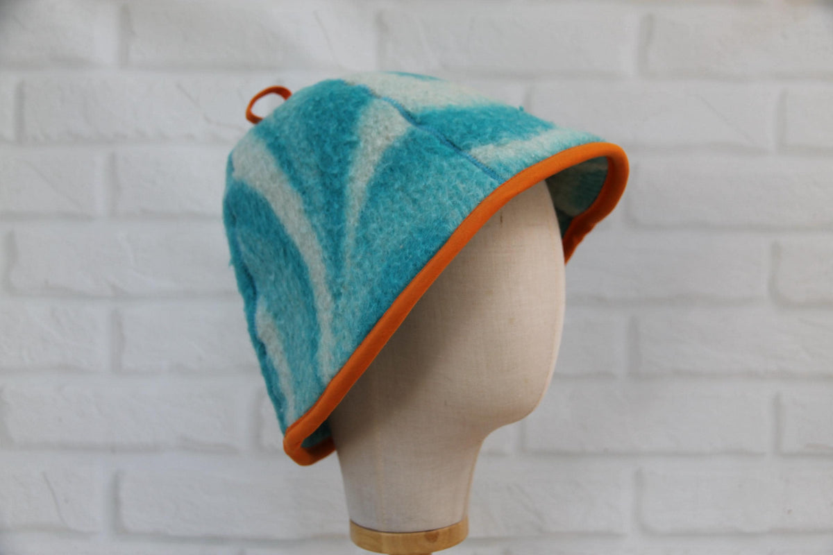 Handmade Wool Sauna Hat, Vintage Blue Cream Banya Cap, Spa Accessory