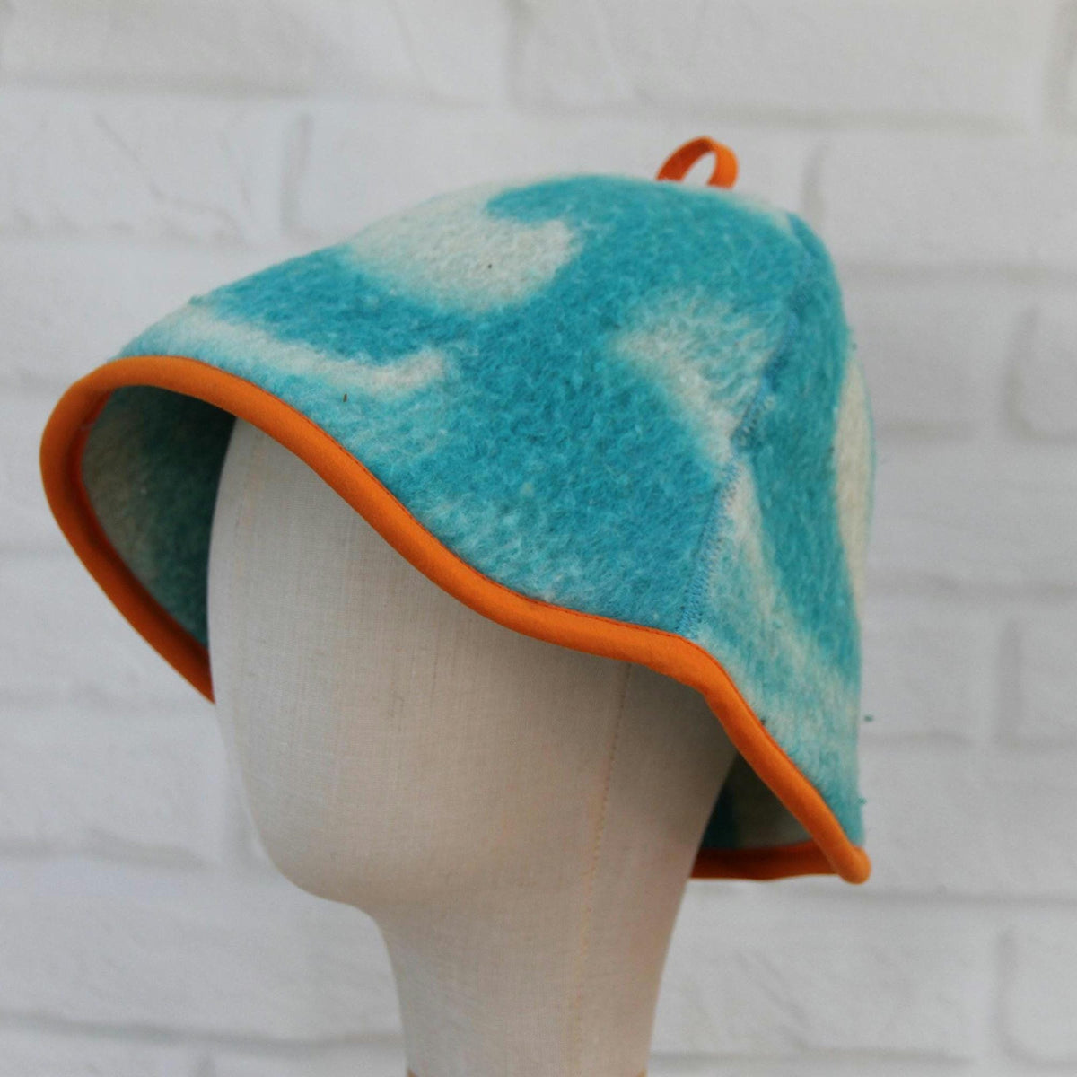 Handmade Wool Sauna Hat, Vintage Blue Cream Banya Cap, Spa Accessory