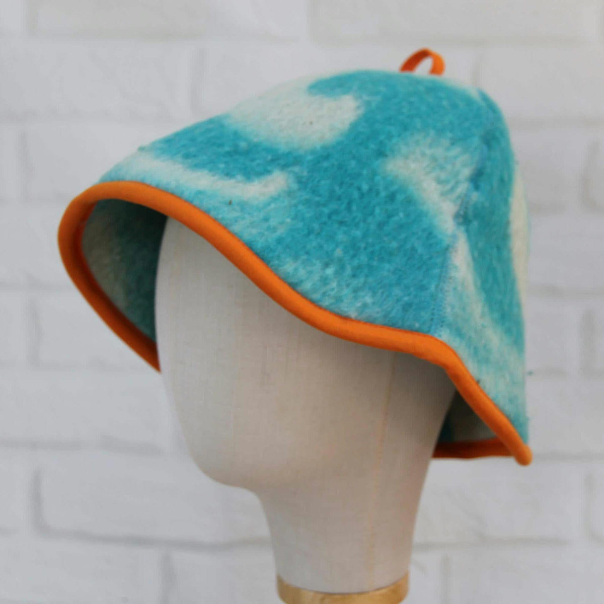 Handmade Wool Sauna Hat, Vintage Blue Cream Banya Cap, Spa Accessory