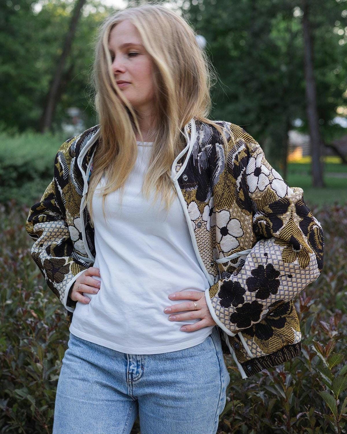 Handmade Tapestry Jacket, Upcycled Vintage Floral Blanket Coat, Oversized Statement Bomber, Unique Boho Outerwear