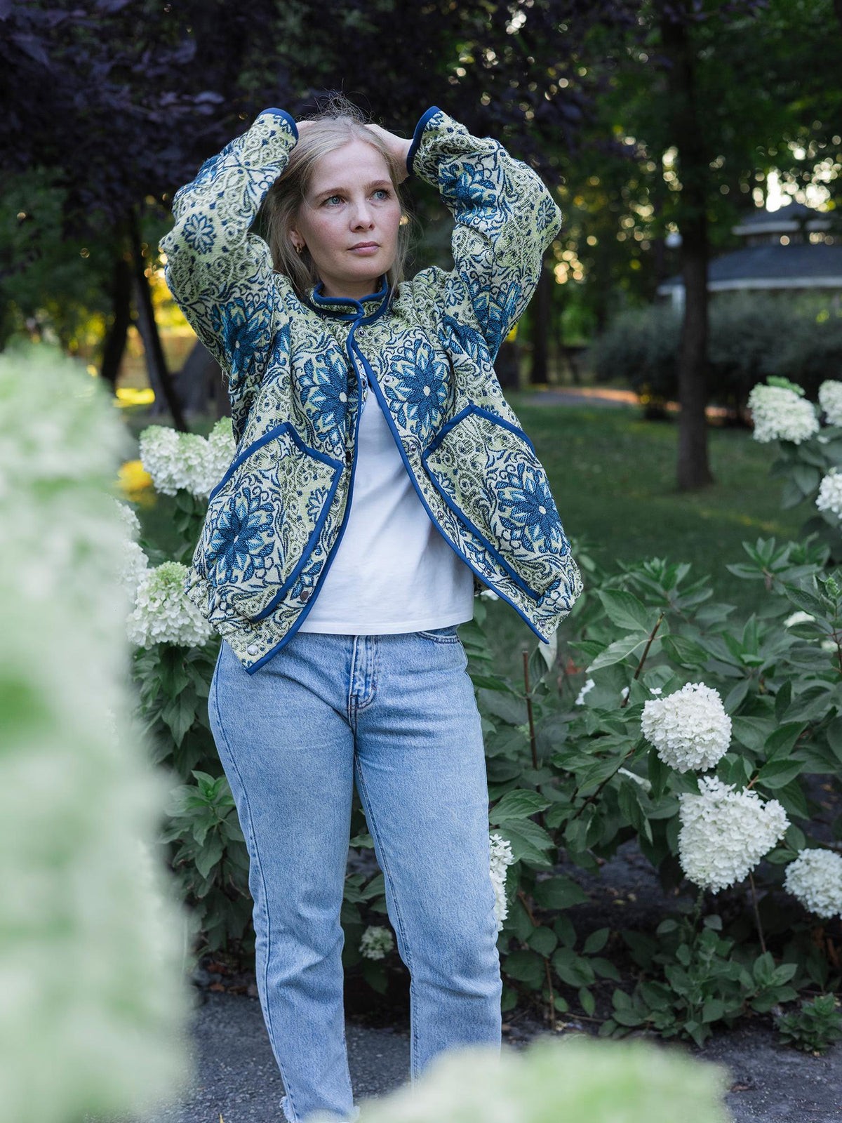 Handmade Vintage Tapestry Jacket, Blue Green Floral Bomber, Oversized Boho Outerwear