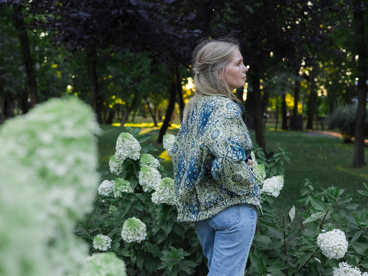 Handmade Vintage Tapestry Jacket, Blue Green Floral Bomber, Oversized Boho Outerwear