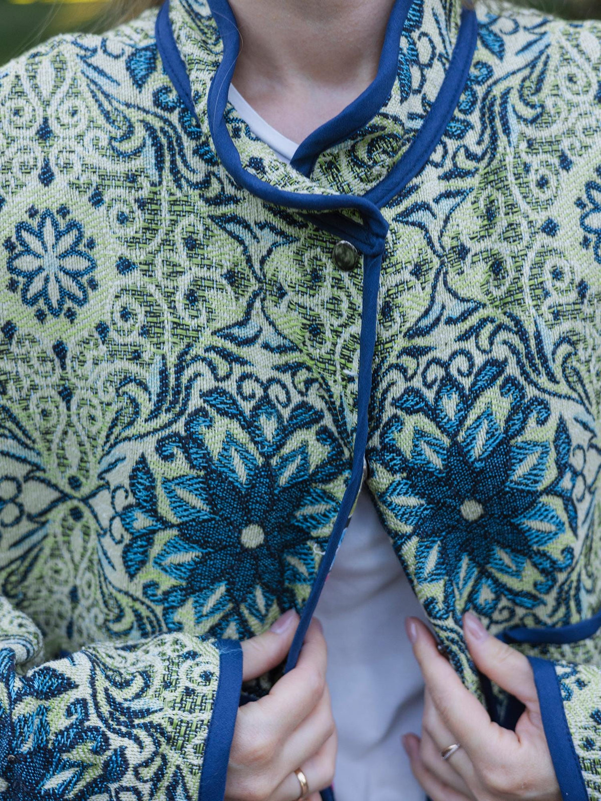 Handmade Vintage Tapestry Jacket, Blue Green Floral Bomber, Oversized Boho Outerwear