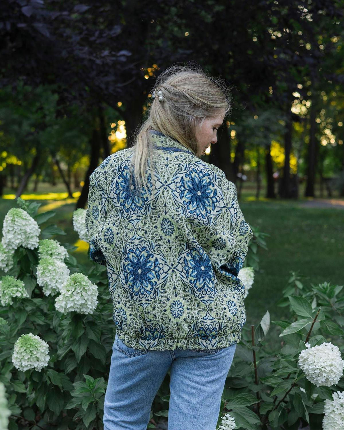 Handmade Vintage Tapestry Jacket, Blue Green Floral Bomber, Oversized Boho Outerwear