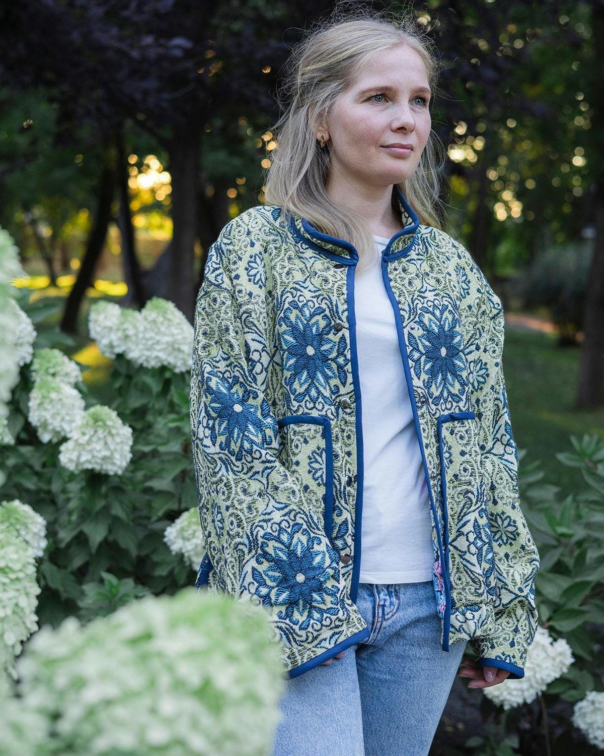 Handmade Vintage Tapestry Jacket, Blue Green Floral Bomber, Oversized Boho Outerwear