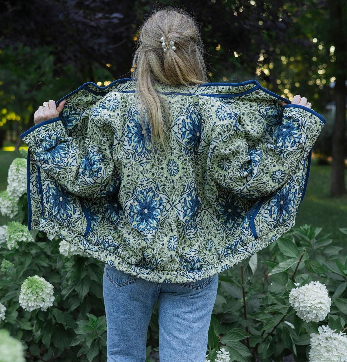 Handmade Vintage Tapestry Jacket, Blue Green Floral Bomber, Oversized Boho Outerwear