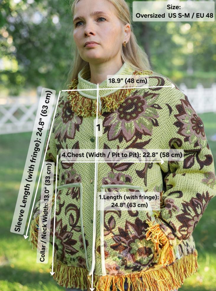 Handmade Fringe Tapestry Jacket, Upcycled Vintage Blanket Coat, Boho Statement Bomber (Oversized S-M)