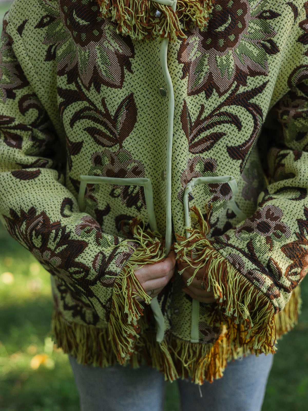 Handmade Fringe Tapestry Jacket, Upcycled Vintage Blanket Coat, Boho Statement Bomber (Oversized S-M)