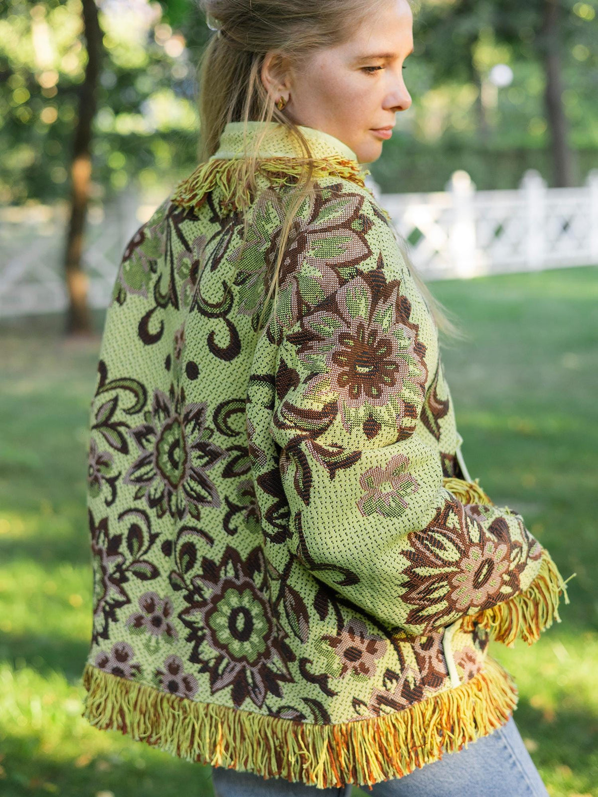 Handmade Fringe Tapestry Jacket, Upcycled Vintage Blanket Coat, Boho Statement Bomber (Oversized S-M)