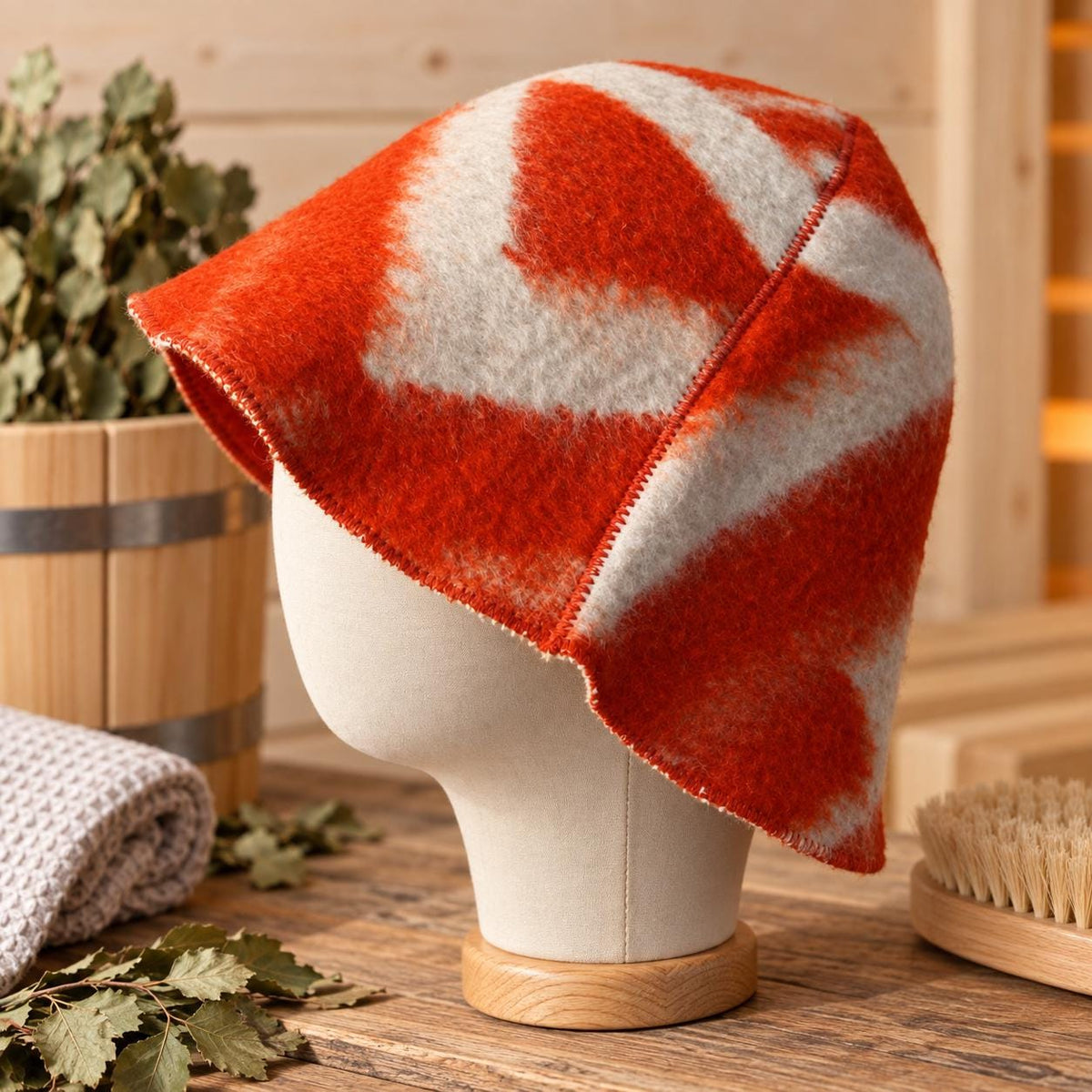 Upcycled Wool Sauna Hat, Orange Geometric Banya Cap, Vintage Blanket Thermal Protection