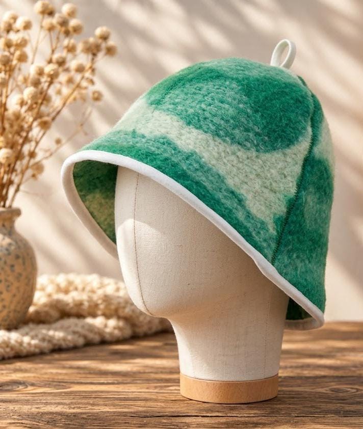 Handmade 100% Natural Wool Sauna Hat - Green Cream Felted Spa Cap for Heat Protection, Hair Care Wellness - Large Size 37x22 cm