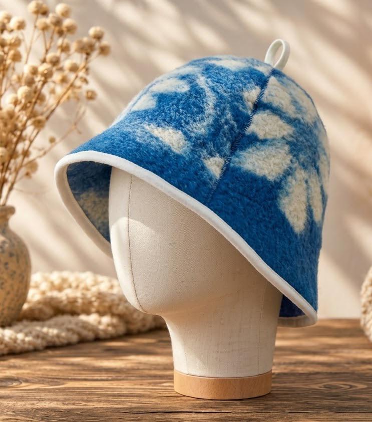 Handmade 100% Natural Wool Sauna Hat - Blue White Floral Felted Spa Cap for Heat Protection, Hair Care Wellness - Large Size 35x22 cm
