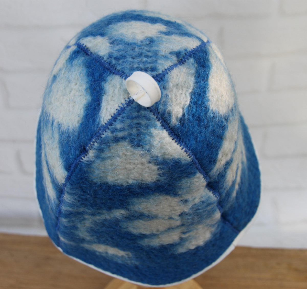 Handmade 100% Natural Wool Sauna Hat - Blue White Floral Felted Spa Cap for Heat Protection, Hair Care Wellness - Large Size 35x22 cm