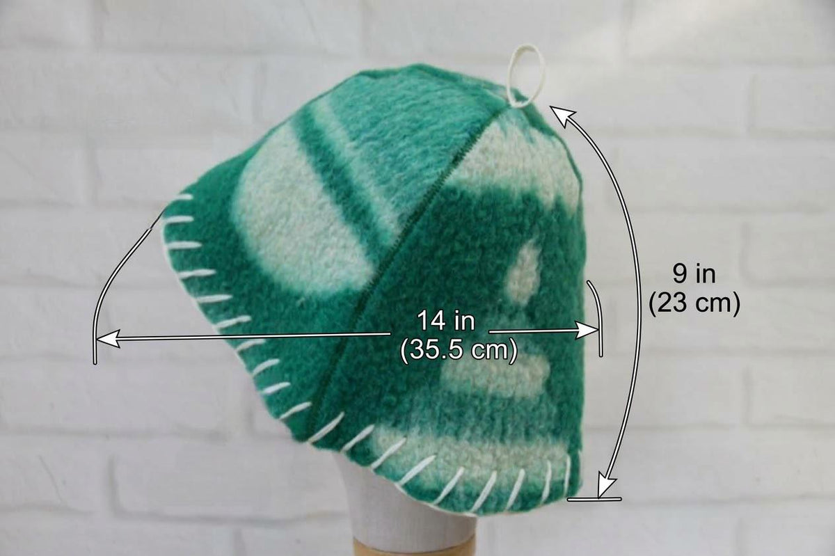 Handmade 100% Wool Sauna Hat with Hand Stitching - Green Cream Felted Spa Cap for Hair Care (36x22 cm / 14.2x8.7 in)