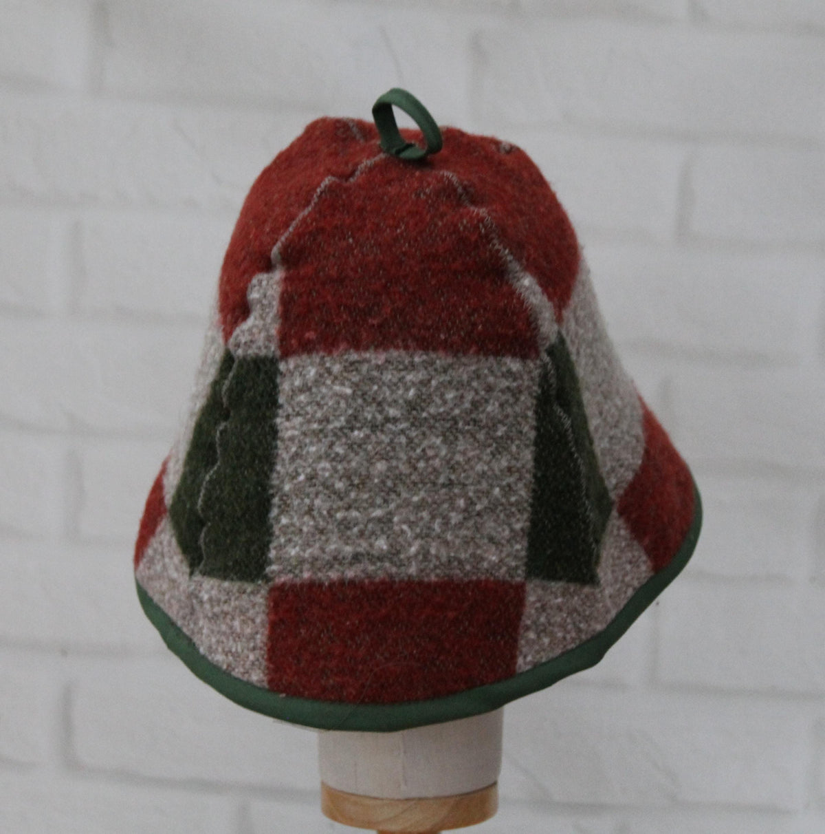 Plaid Wool Sauna Hat, Green and Red Patchwork Bath Cap for Banya, Natural Felted Wool Thermal Protection Hat, Sauna Accessories Gift