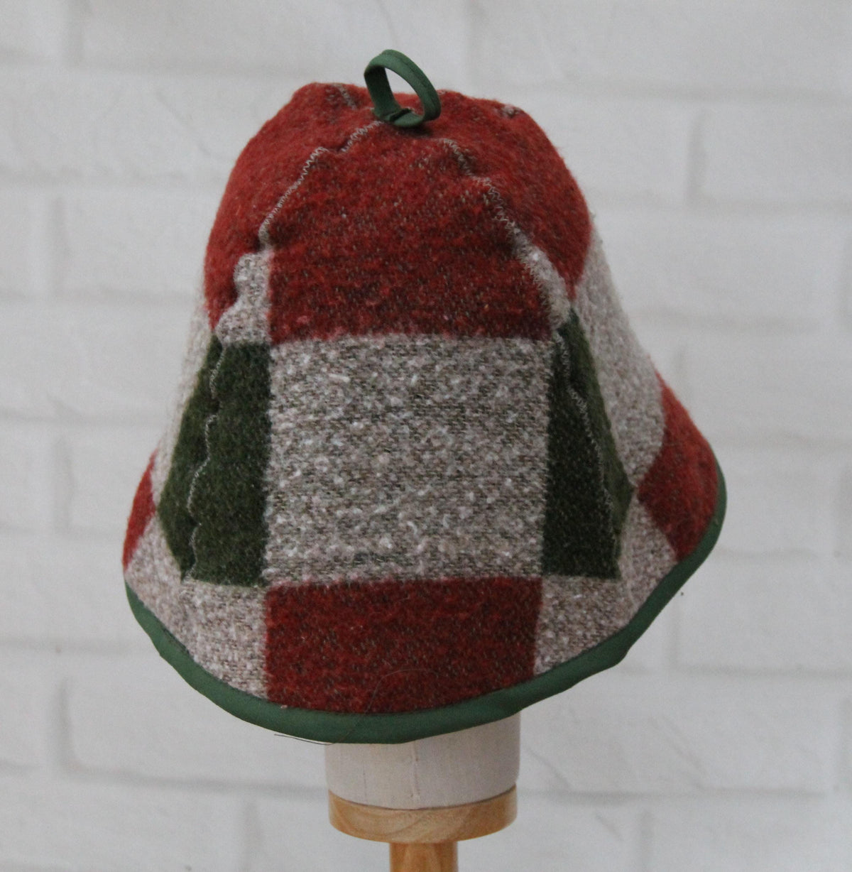 Plaid Wool Sauna Hat, Green and Red Patchwork Bath Cap for Banya, Natural Felted Wool Thermal Protection Hat, Sauna Accessories Gift