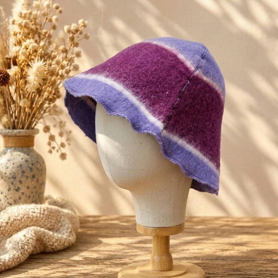 Purple Striped Wool Sauna Hat , Natural Felted Wool Bath Cap for Banya , Sauna Thermal Protection Accessories , Handmade Spa Gift for Women