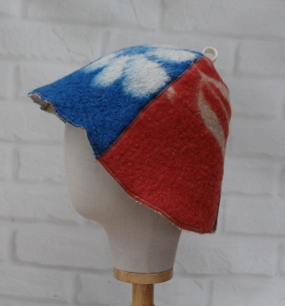 One-of-a-Kind Handmade Wool Sauna Hat , Colorful Patchwork Wool Felt Banya Cap with Hanging Loop , Unique Spa Sauna Accessory