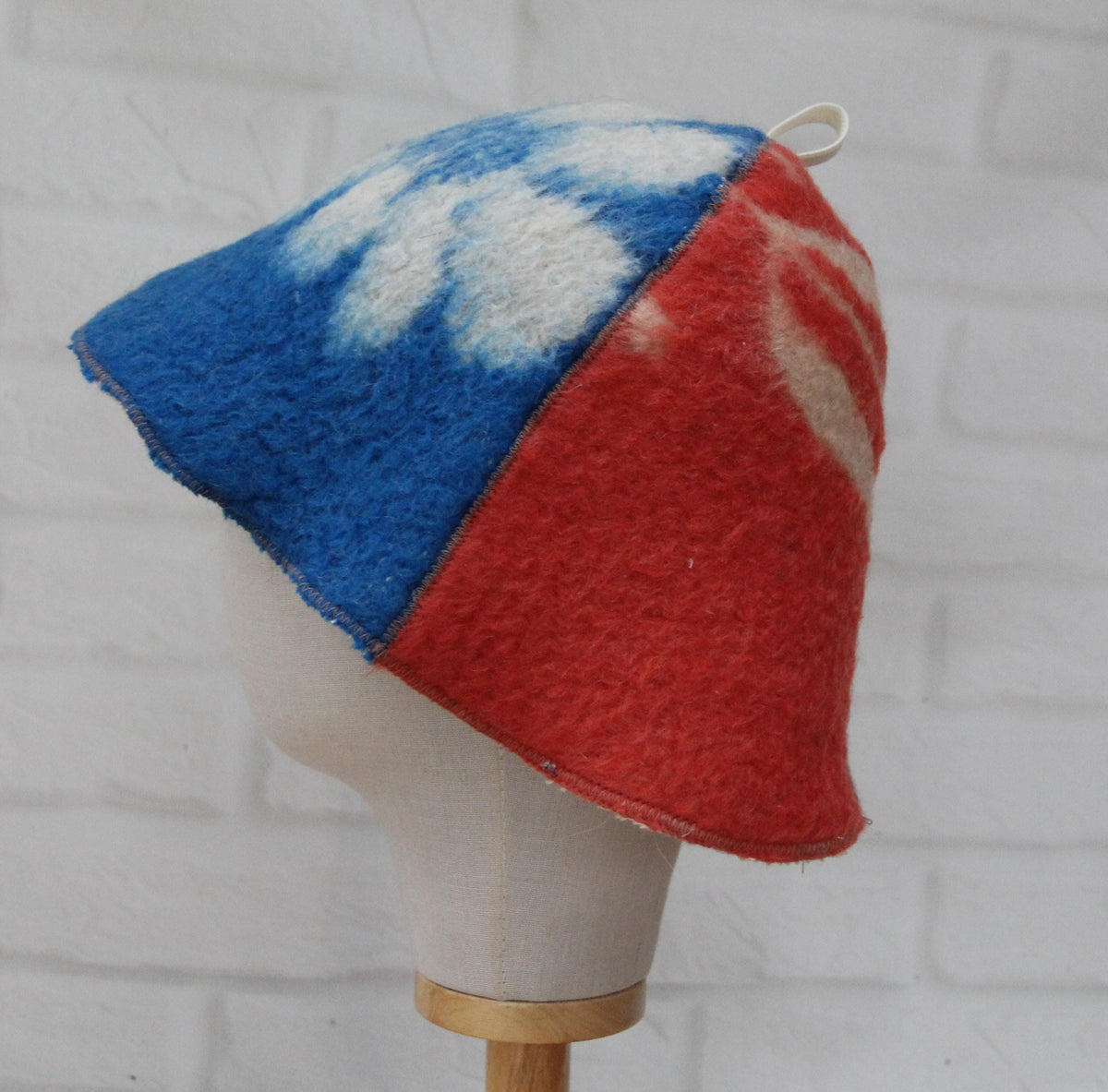 One-of-a-Kind Handmade Wool Sauna Hat , Colorful Patchwork Wool Felt Banya Cap with Hanging Loop , Unique Spa Sauna Accessory