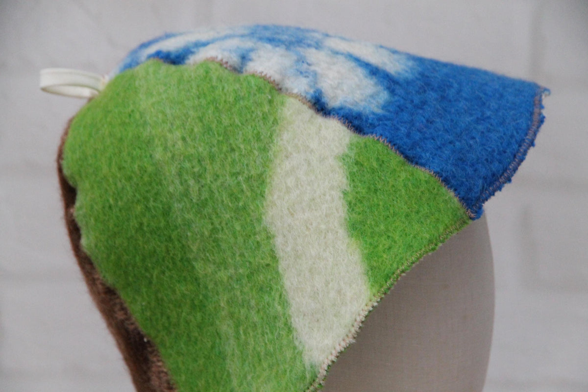 One-of-a-Kind Handmade Wool Sauna Hat , Colorful Patchwork Wool Felt Banya Cap with Hanging Loop , Unique Spa Sauna Accessory
