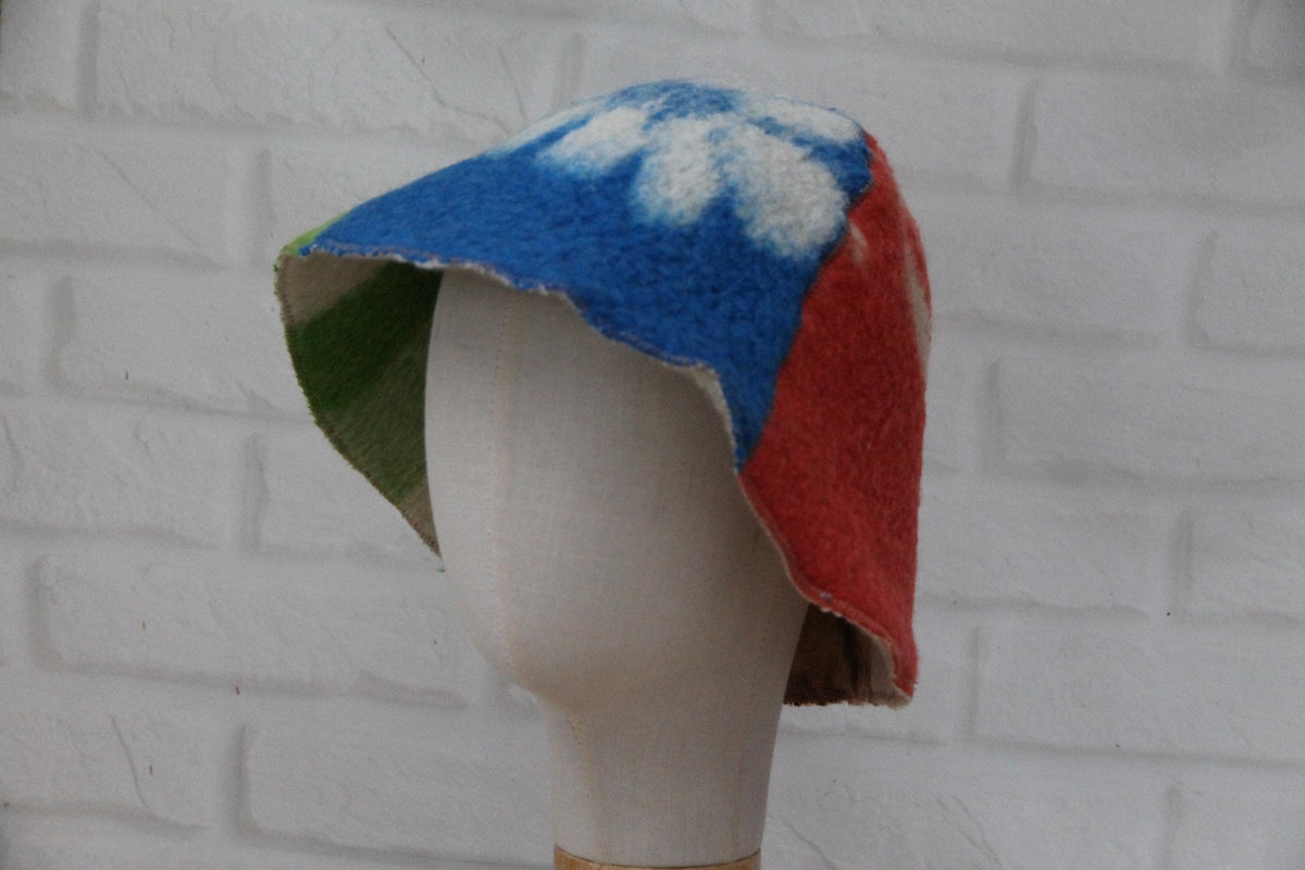 One-of-a-Kind Handmade Wool Sauna Hat , Colorful Patchwork Wool Felt Banya Cap with Hanging Loop , Unique Spa Sauna Accessory