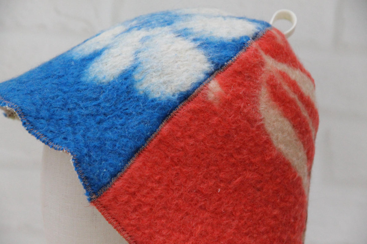 One-of-a-Kind Handmade Wool Sauna Hat , Colorful Patchwork Wool Felt Banya Cap with Hanging Loop , Unique Spa Sauna Accessory