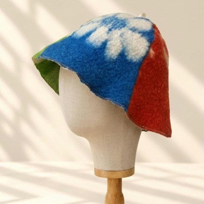 One-of-a-Kind Handmade Wool Sauna Hat , Colorful Patchwork Wool Felt Banya Cap with Hanging Loop , Unique Spa Sauna Accessory