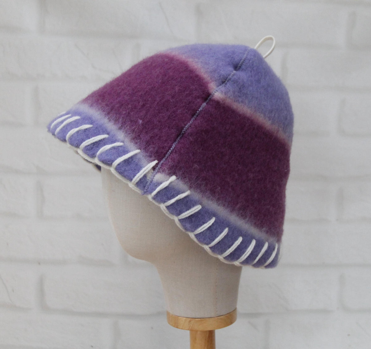Handmade Purple Wool Sauna Hat , Felted Banya Cap with White Decorative Stitching , Unique Natural Spa Steam Room Accessory