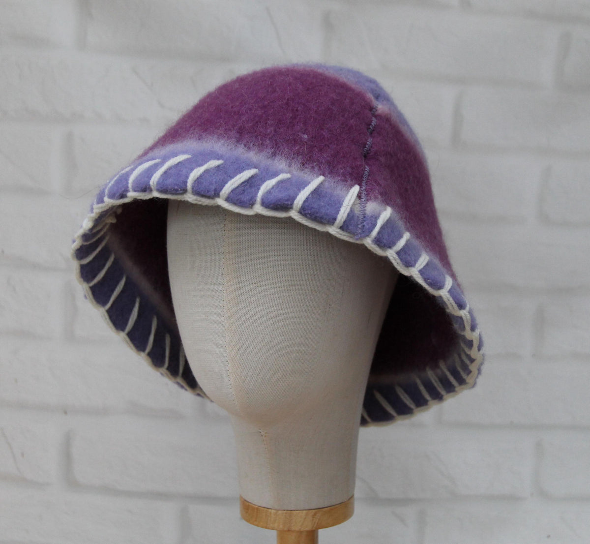 Handmade Purple Wool Sauna Hat , Felted Banya Cap with White Decorative Stitching , Unique Natural Spa Steam Room Accessory