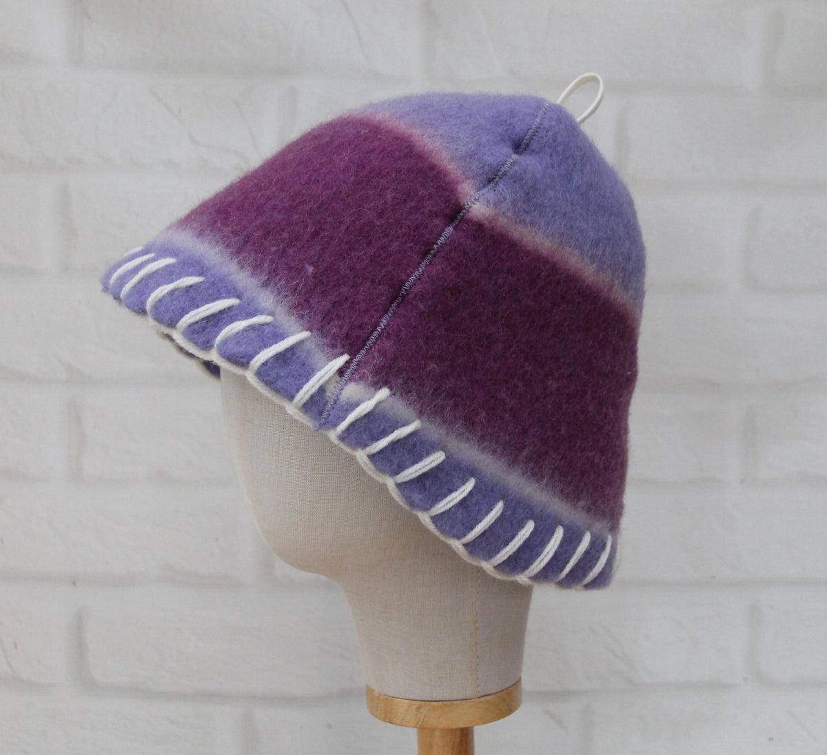 Handmade Purple Wool Sauna Hat , Felted Banya Cap with White Decorative Stitching , Unique Natural Spa Steam Room Accessory