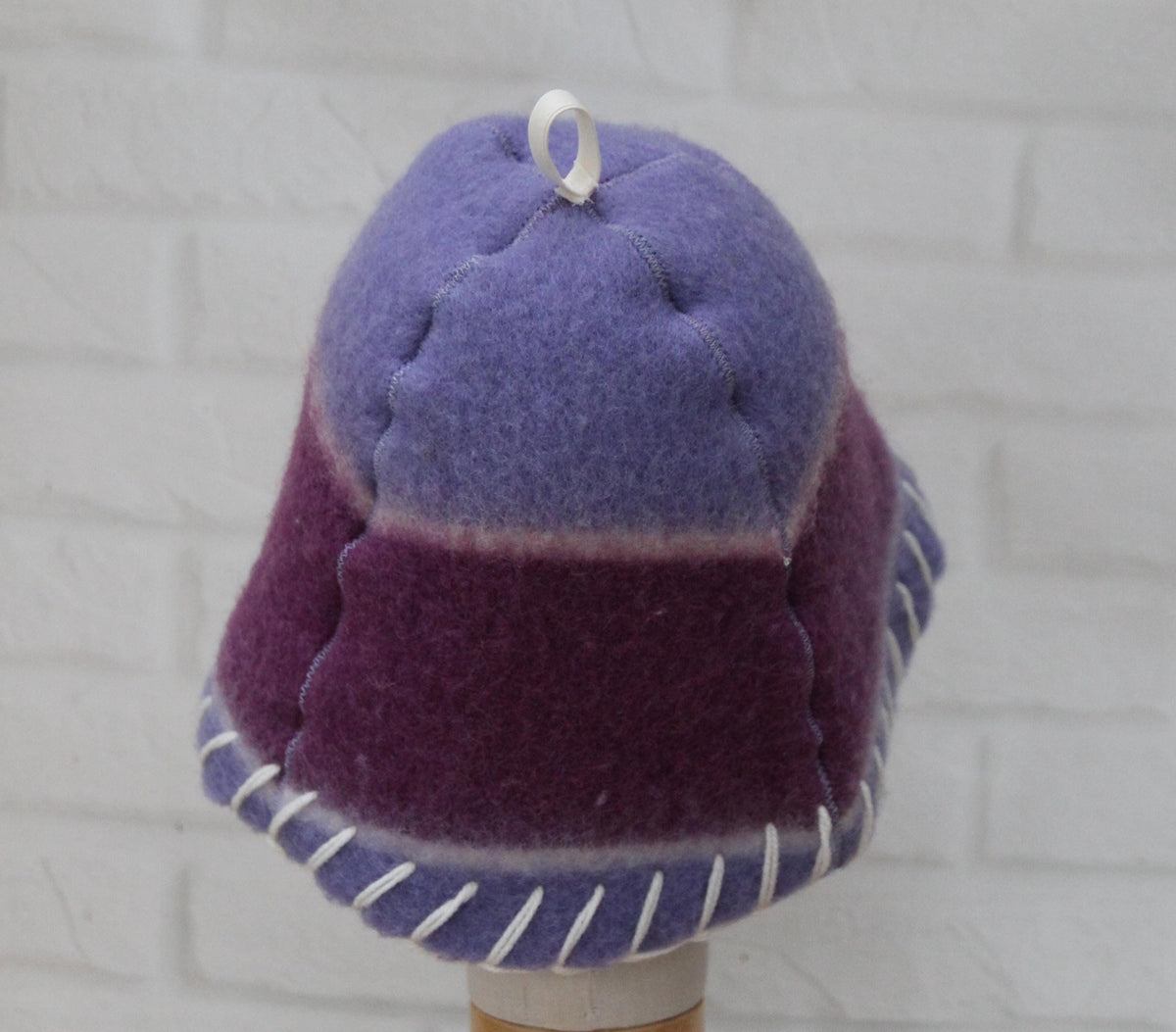 Handmade Purple Wool Sauna Hat , Felted Banya Cap with White Decorative Stitching , Unique Natural Spa Steam Room Accessory