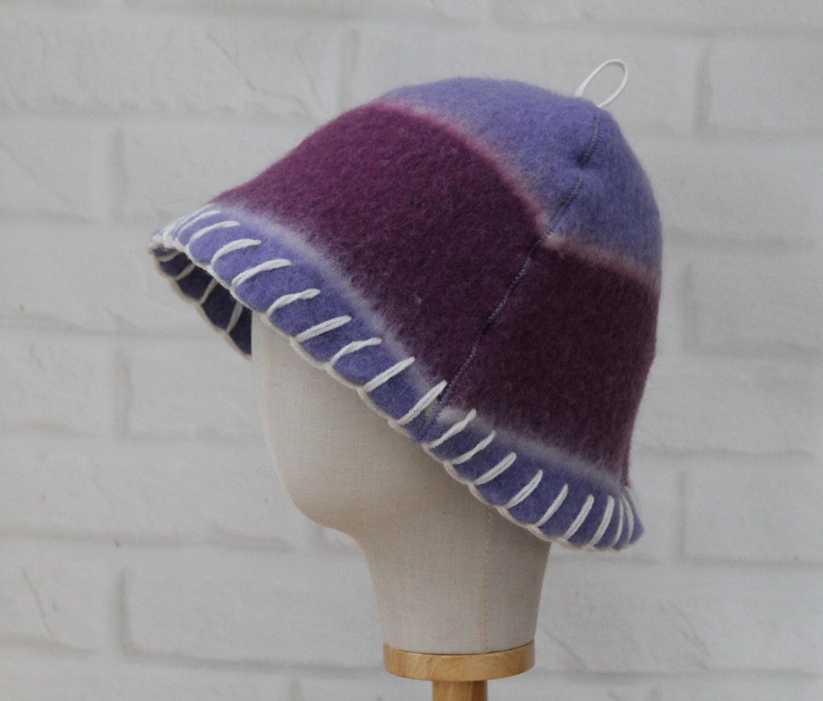 Handmade Purple Wool Sauna Hat , Felted Banya Cap with White Decorative Stitching , Unique Natural Spa Steam Room Accessory