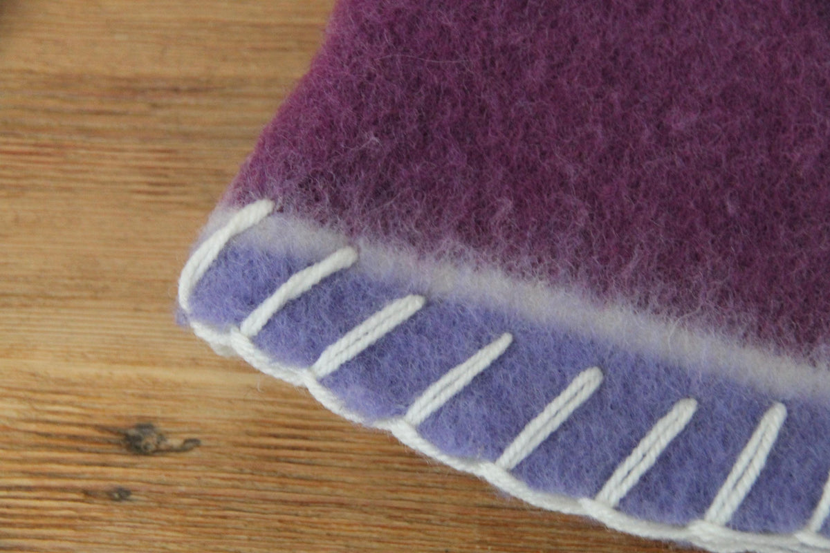 Handmade Purple Wool Sauna Hat , Felted Banya Cap with White Decorative Stitching , Unique Natural Spa Steam Room Accessory