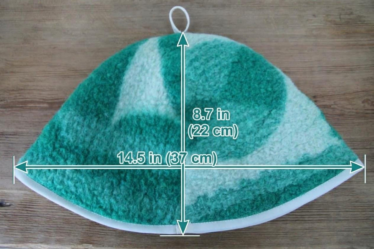 Handmade 100% Natural Wool Sauna Hat - Green Cream Felted Spa Cap for Heat Protection, Hair Care Wellness - Large Size 37x22 cm