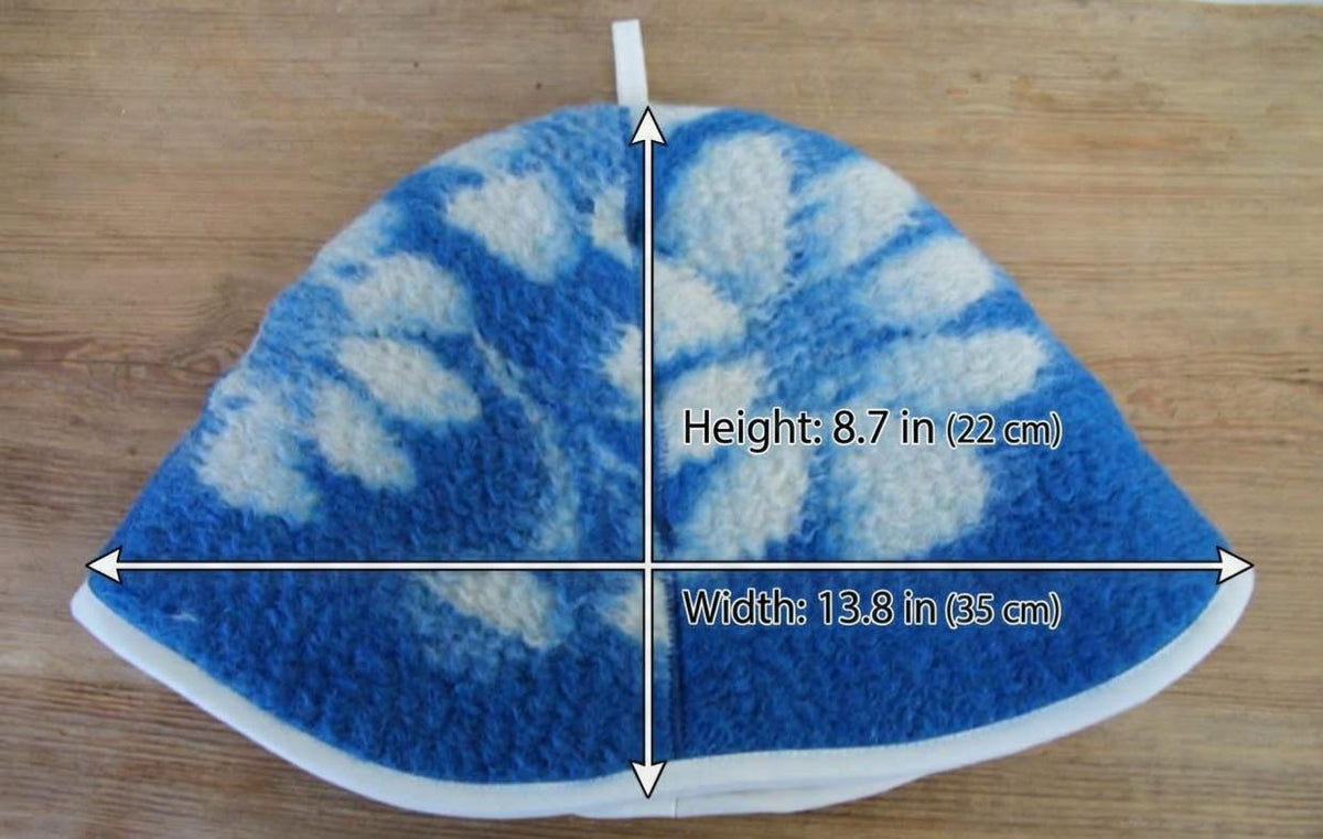 Handmade 100% Natural Wool Sauna Hat - Blue White Floral Felted Spa Cap for Heat Protection, Hair Care Wellness - Large Size 35x22 cm