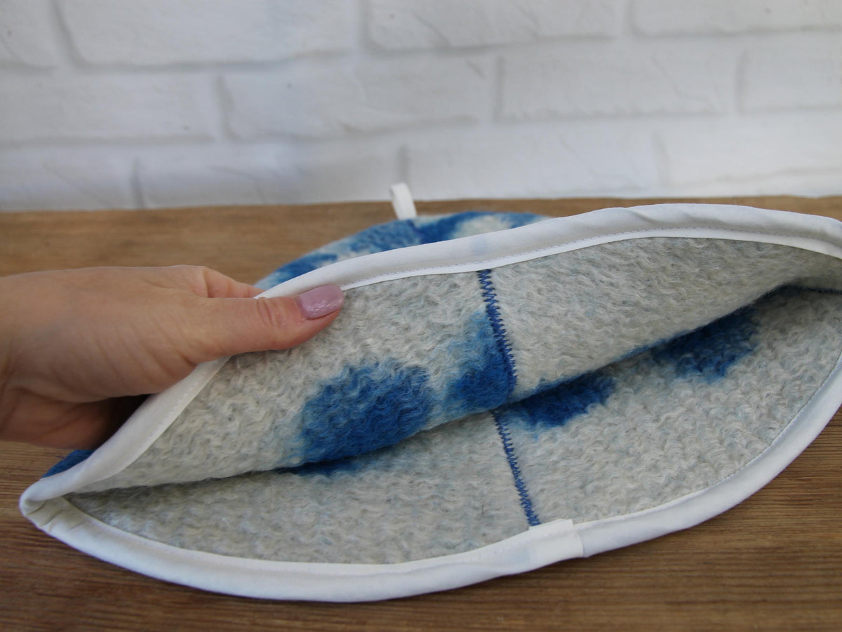 Handmade 100% Natural Wool Sauna Hat - Blue White Floral Felted Spa Cap for Heat Protection, Hair Care Wellness - Large Size 35x22 cm