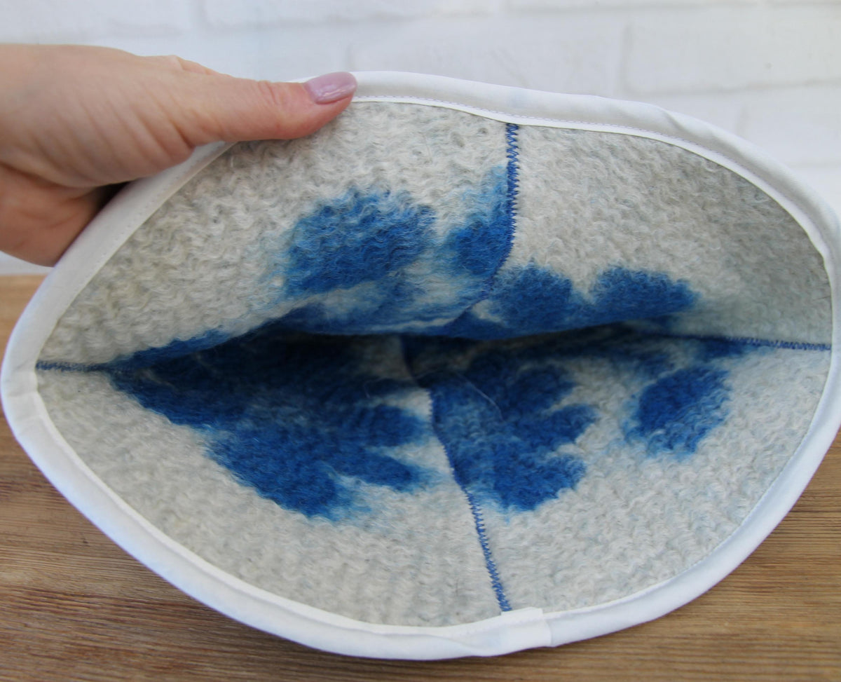 Handmade 100% Natural Wool Sauna Hat - Blue White Floral Felted Spa Cap for Heat Protection, Hair Care Wellness - Large Size 35x22 cm