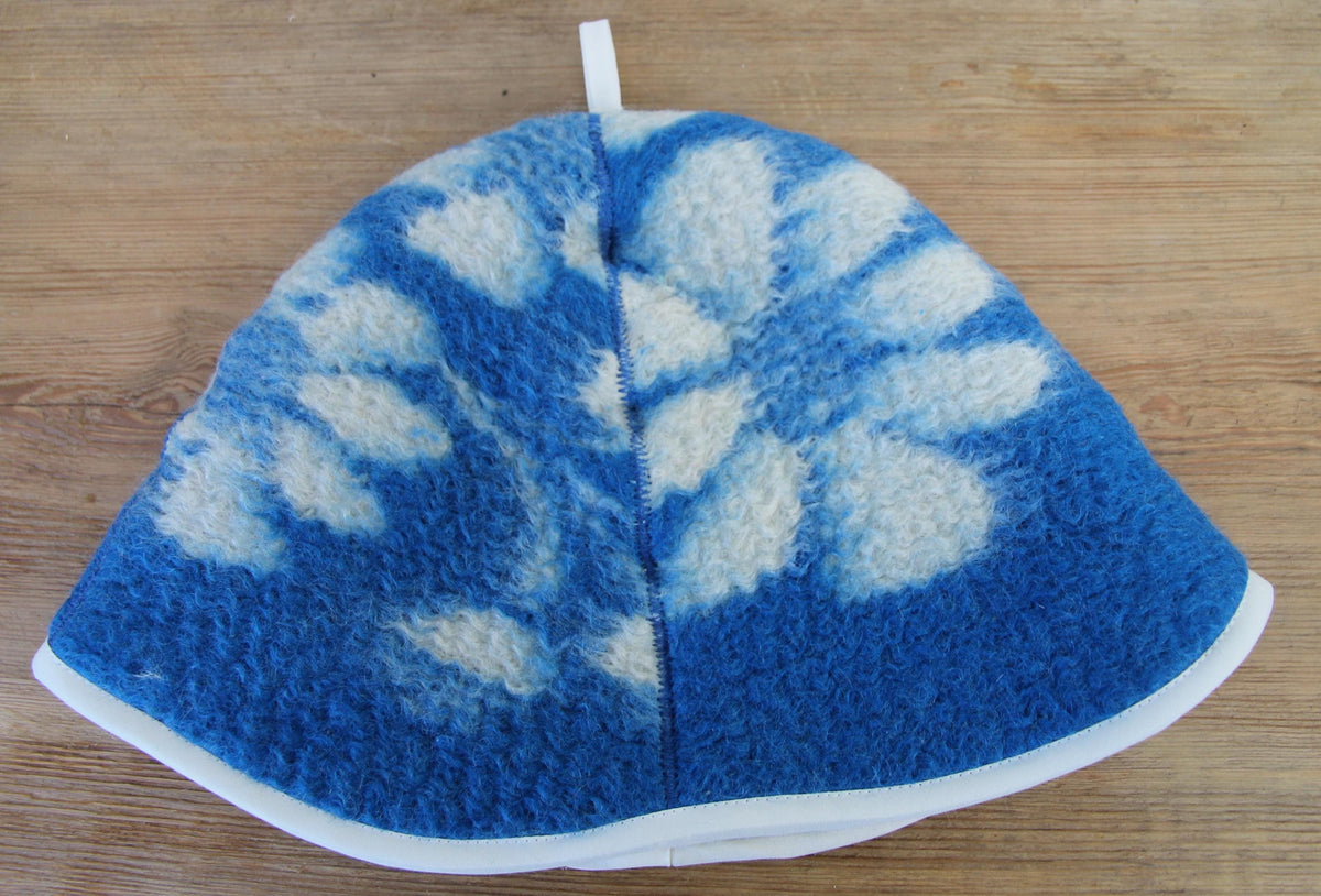 Handmade 100% Natural Wool Sauna Hat - Blue White Floral Felted Spa Cap for Heat Protection, Hair Care Wellness - Large Size 35x22 cm