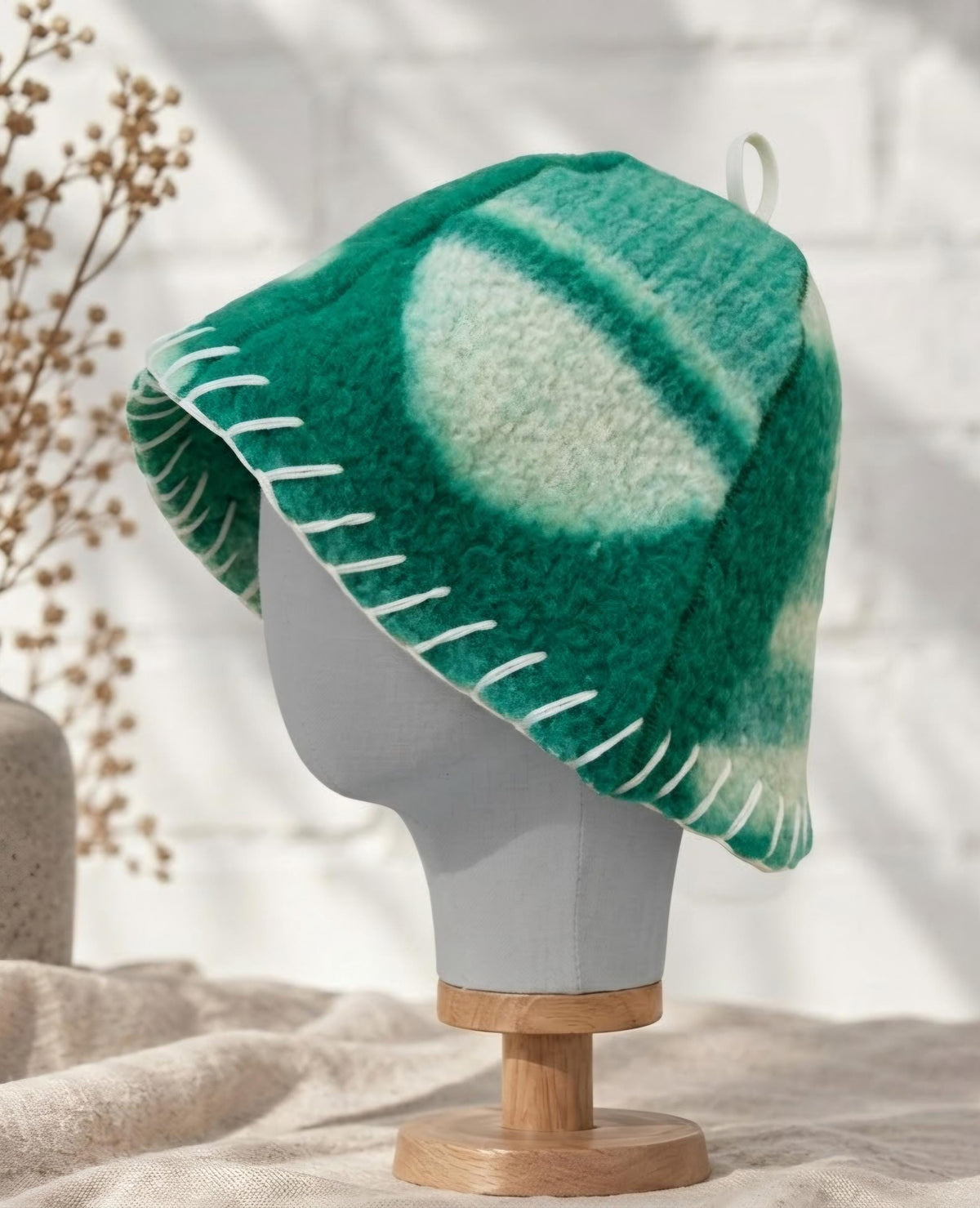 Handmade 100% Wool Sauna Hat with Hand Stitching - Green Cream Felted Spa Cap for Hair Care (36x22 cm / 14.2x8.7 in)