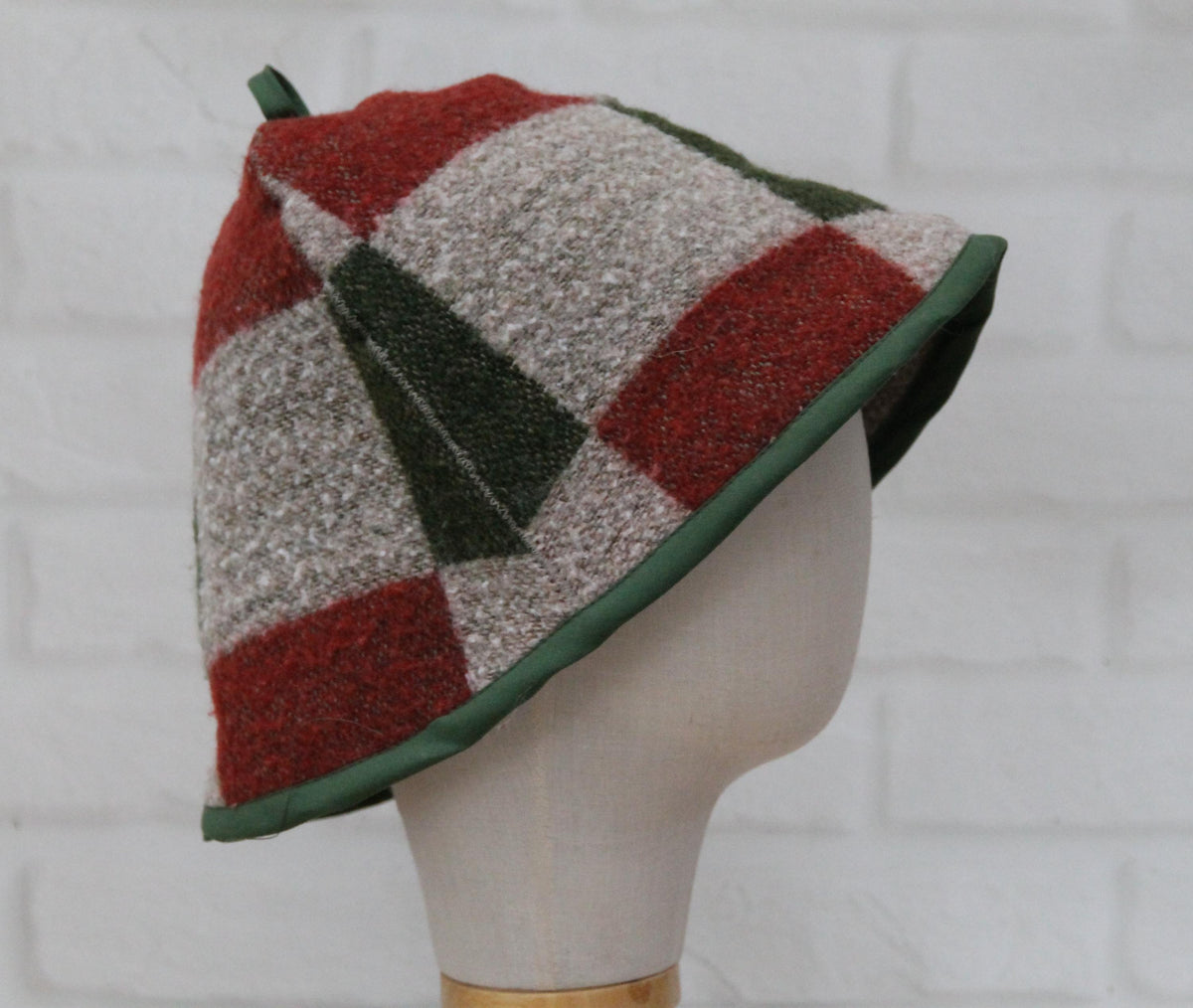 Plaid Wool Sauna Hat, Green and Red Patchwork Bath Cap for Banya, Natural Felted Wool Thermal Protection Hat, Sauna Accessories Gift